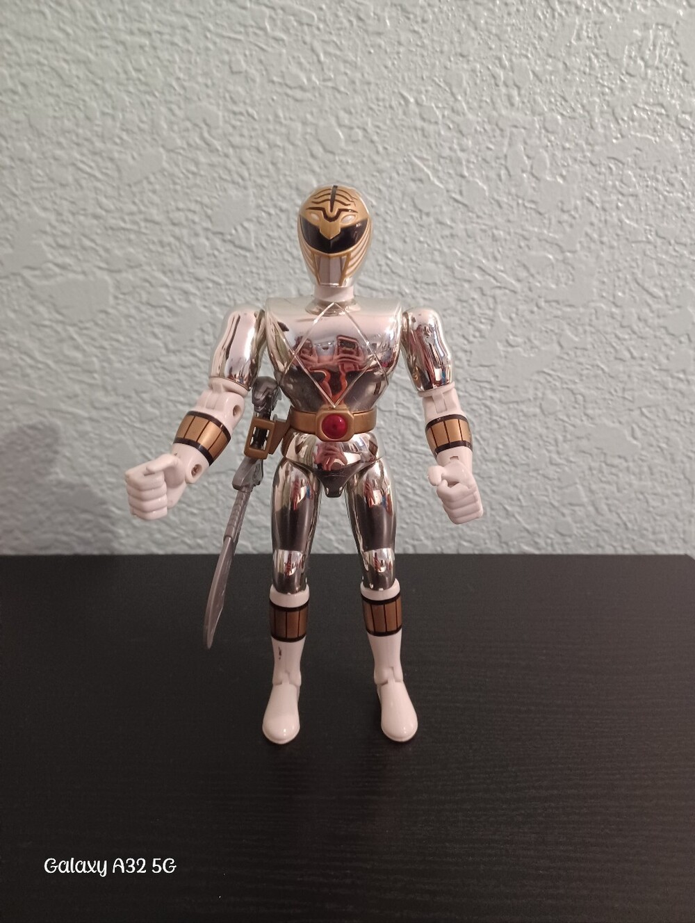 Bandai 1995 Vintage Chrome Power Ranger Plastic Action Figure w/ Sword & Gun